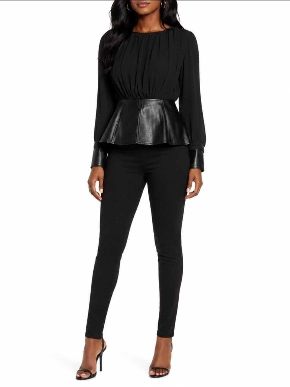 NWOT Gracia Black Faux Leather Peplum Mixed Media Blouse